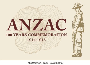 Hand drawn of soldier and poppy flower with text Anzac 100 years commemoration, vector