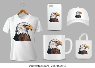 Hand Drawn Solid Color Bald Eagle Illustration On Different Product Templates