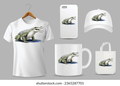 Hand Drawn Solid Color Crocodile Illustration On Different Product Templates