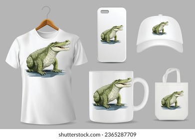 Hand Drawn Solid Color Crocodile Illustration On Different Product Templates