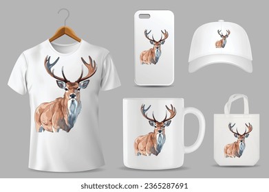 Hand Drawn Solid Color Deer Illustration On Different Product Templates