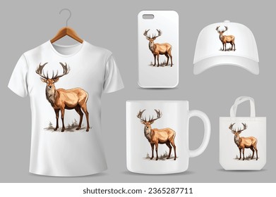 Ilustración De Deer De Color Sólido De Dibujo Mano En Diferentes Plantillas De Producto