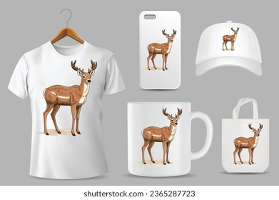Hand Drawn Solid Color Deer Illustration On Different Product Templates