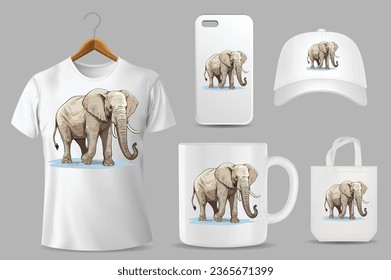 Hand Drawn Solid Color Elephant Illustration On Different Product Templates