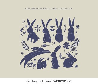 Hand drawn solid colour Scandinavian flat art bunny set	
