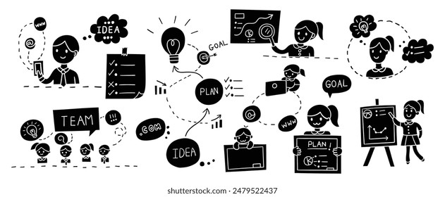 Hand drawn solid doodles vector design elements set of business team, goal speech bubble, to do list, presentation business plan, working online, business planning. business concept illustration.