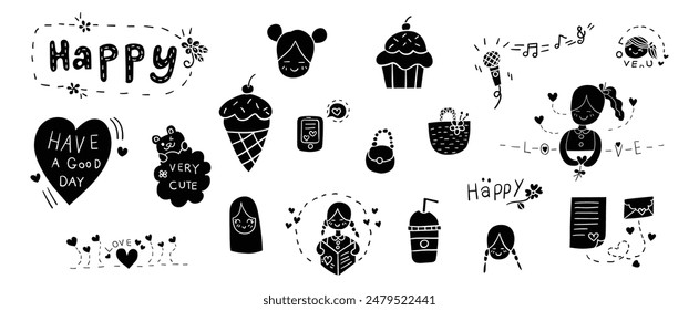 Hand drawn solid doodles vector design elements set of woven bag, happy lettering, singing, girl reding letter, cupcake, ice cream cone, love heart.