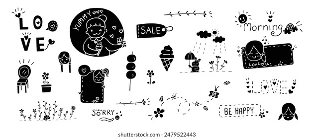 Hand drawn solid doodles vector design elements set of flower, morning lettering, meatball, butterfly, ice cream, love lettering, sale tag, dressing table. 