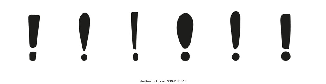 Hand drawn solid exclamation mark. Black silhouette exclamation mark icons.