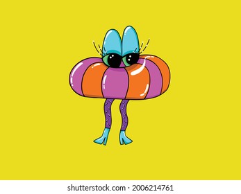Hand drawn solo vector cartoon of cute eyes in a pool floating with cute boots, little fashionista in a psychedelic pop doodle style, sticker, tattoo, fun card design, summertime style