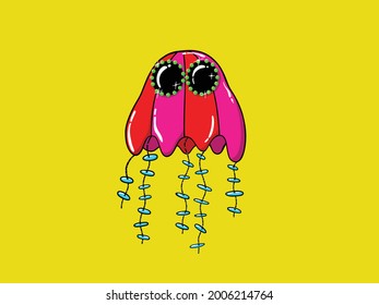 Handgezeichnete, mit Retro-Sonnenbrillen gezapfte, handgezeichnete, mit Perlen überzogene, rosafarbene Quallen-Karikatur, funky-helle Farbe im psychedelischen Pop-Stil, modische Meerestiere, Tattoo-Aufkleber-Kunst