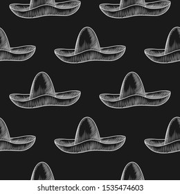 Hand drawn sombrero hat seamless pattern on blackboard. Vintage engraved style. Vector illustration