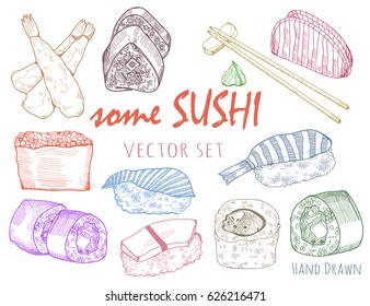 Hand drawn some sushi and rolls. Colored graphic vector set
