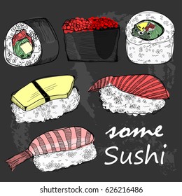 Hand drawn some sushi and rolls. Colored vector set