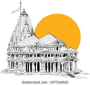 Hand Drawn Of Somnath Temple, Gujrat, India.