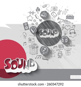 Hand drawn sound icons with icons background. Vector illustration