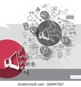 Hand drawn sound icons with icons background. Vector illustration