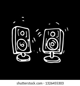 Hand drawn sound speakers doodle icon. Hand drawn black sketch. Sign symbol. Decoration element. Black background. Isolated. Flat design. Vector illustration.