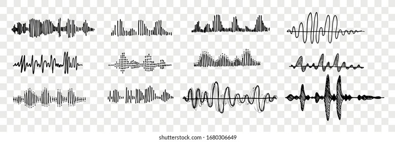 Hand drawn sound waves set collection. Pen or pencil hand drawn various black sound waves. Sketch of voice recording, radio signal frequency, white noise volume elements tune equalizer. Vector