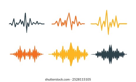 
Las ondas de sonido dibujadas a mano fijan la Ilustración vectorial plana aislada en el fondo blanco.