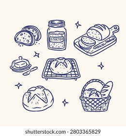 Hand Drawn Sourdough Bread Baking Element Clipart Set - Cute Monoline Doodle Sourdough Starter Loaf Cooling Rack Butter Dish and Bread Basket Vector Illustration