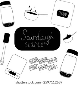 Hand drawn sourdough starter basic elements isolated on white. Stock vector illustration
