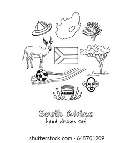 Hand drawn South Africa travel collection of icons Vector isolated illustration on white background doodle sketch 