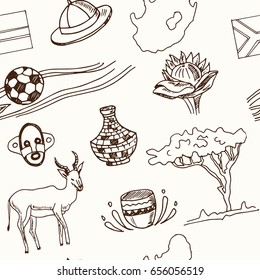 Hand drawn South Africa travel seamless pattern with icons Vector isolated illustration on white background doodle sketch 