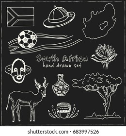 Hand Drawn South Africa Travel Collection Of Icons Vector Isolated Illustration On White Background Doodle Sketch 