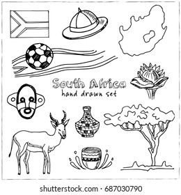 Hand drawn South Africa travel collection of icons Vector isolated illustration on white background doodle sketch 