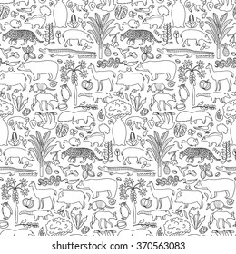 Hand drawn South America seamless pattern. Vector illustration of seamless pattern with South American animals and plants