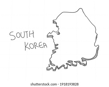 Hand Drawn of South Korea 3D Map on White Background.  