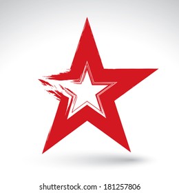 Hand drawn soviet red star icon scanned and vectorized, brush drawing communistic star, hand-painted USSR symbol isolated on white background.