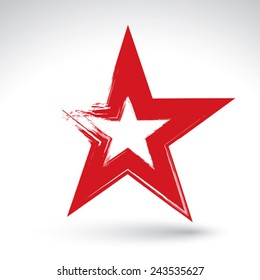 Hand drawn soviet red star icon scanned and vectorized, brush drawing pentagonal star, hand-painted symbol isolated on white background.