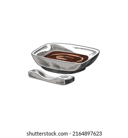 Hand drawn soy sauce in bowl sketch style, vector illustration isolated on white background. Spice for sushi, tasty food, culinary ingredient. Engraved design element