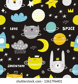 Hand drawn space and animals of the planet. Cartoon cute vector print with space and planet animal. Seamless pattern