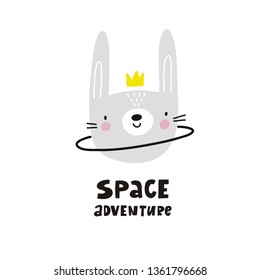 Hand drawn space and animals of the planet. Cartoon cute vector print with space and planet animal. Hand drawn lettering Space adventure