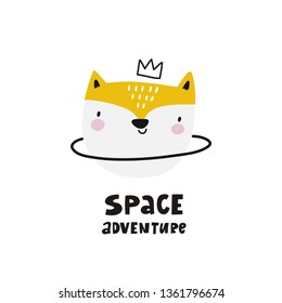 Hand drawn space and animals of the planet. Cartoon cute vector print with space and planet animal. Hand drawn lettering Space adventure