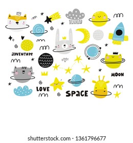 Hand drawn space and animals of the planet. Cartoon cute vector print with space and planet animal. Hand drawn lettering Space adventure