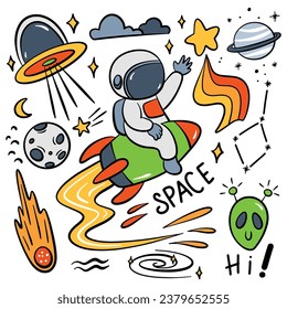 hand drawn space and astronaut cartoon doodle illustration