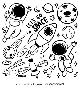hand drawn space and astronaut cartoon doodle line art