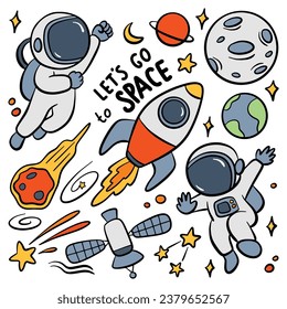 hand drawn space and astronaut cartoon doodle illustration