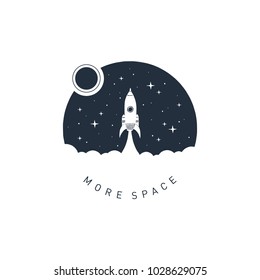 Hand drawn space badge with rocket textured vector illustration and "More space" lettering.