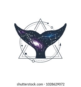 Hand drawn space badge with whale's tail textured vector illustration.