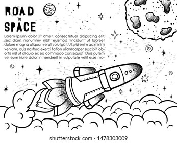 Hand drawn space banner template. Space doodle Vector illustration with cartoon rocket, planets, stars. Universe for your design