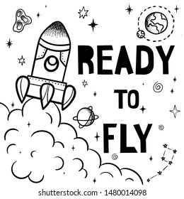 Hand drawn space banner template. Space doodle Vector illustration with cartoon rocket, planets, stars. Universe for your design