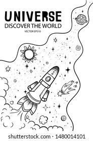 Hand drawn space banner template. Space doodle Vector illustration with cartoon rocket, planets, stars. Universe for your design