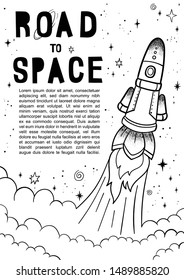Hand drawn space banner template. Space doodle Vector illustration with cartoon rocket, planets, stars for print on fabric or web design, posters, cards, banners. Universe for your design