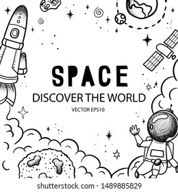 Hand drawn space banner template. Space doodle Vector illustration with cartoon rocket, planets, stars for print on fabric or web design, posters, cards, banners. Universe for your design