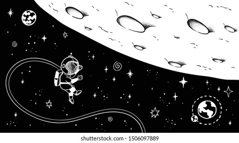 Hand drawn space banner template. Space doodle Vector illustration with cartoon rocket, planets, stars for print or web design, posters, cards, banners. Universe items